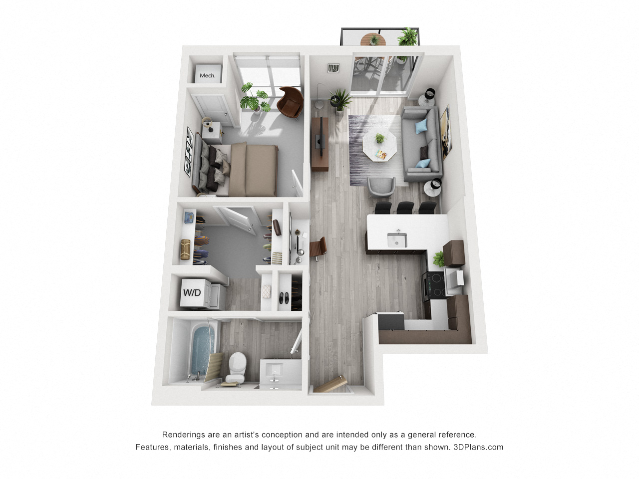 Floor plan for 1 bed, 1 bath, 667 sqft